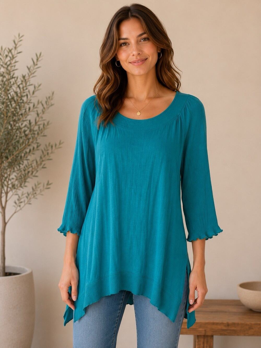 Soft Surroundings Womens S Green Tunic Top Dress Crepe 3/4 Sleeves Minimialist